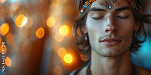 Close up young man sits with her eyes closed relaxingly praying, meditating in the room, mental health and relaxation concept photo