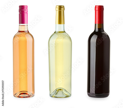 Bottles of white, rose and red wine isolated on white