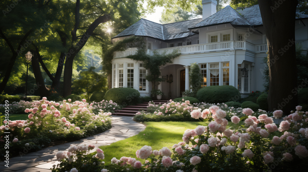 Graceful home with veranda shaded by majestic trees with a beautiful garden of pink roses along the walkway.