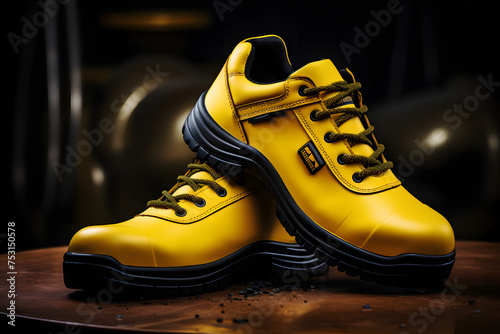 Step into the domain of workplace safety with a pair of eye-catching yellow safety leather shoes   Generative AI 