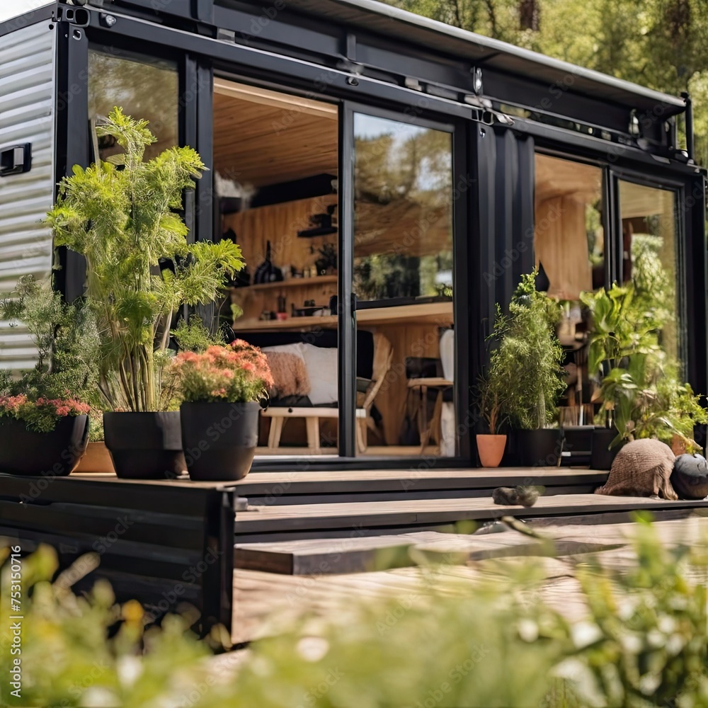Used shipping containers are used to build a modern little dwelling. A sunny day and a tastefully designed home. Shipping container homes are an environmentally responsible, sustainable way to live or