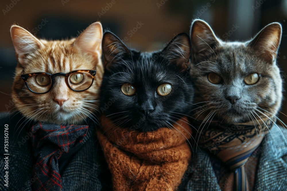 Adorable yet serious-looking cats dressed in human attire sitting like people with an air of sophistication