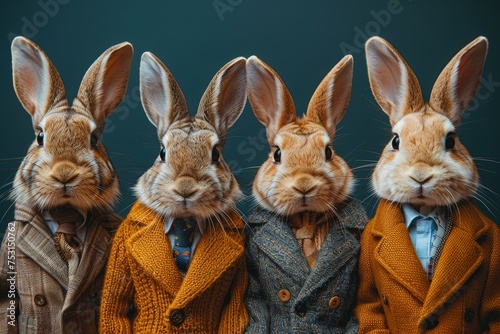 Portrayal of four rabbits each wearing distinct and stylish suits against a moody blue background, exuding sophistication
