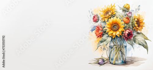 Romantic bouquet watercolor of Sunflower full view in vase on a light background, in bright colors. For Birthday, Easter, Mother day, Valentine's day greeting banner, card, copy space. 