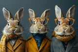 A captivating depiction of bunnies in sophisticated attire, complete with stylish eyewear and smart coats
