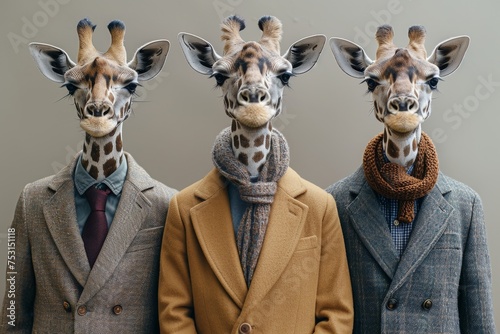 Trio of giraffes dressed in sophisticated human attire  merging wildlife with high fashion  exuding confidence and style