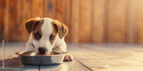 Close up cute puppy eating from a bowl, looking at camera with copyspace for text