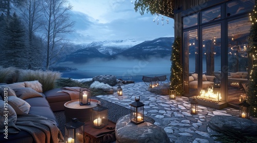 Modern outdoor Living Space in winter background. Winter evening on the patio or terasse with fire place