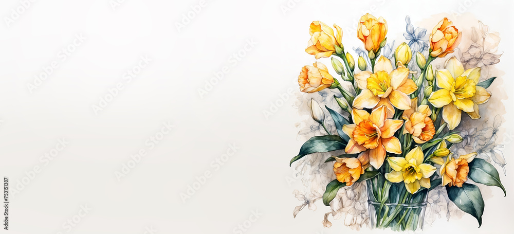 Romantic bouquet watercolor of Jonquil daffodils with big bee in full view on a light background, in bright colors. For Birthday, Easter, Mother day, Valentine's day greeting banner, card, copy space.
