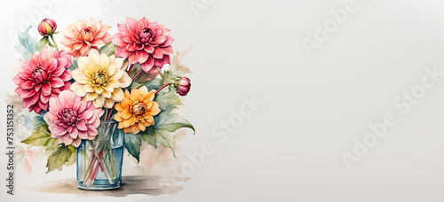 Romantic bouquet watercolor of Dahlia full view  in vase on a light background, in bright colors. For Birthday, Easter, Mother day, Valentine's day greeting banner, card, copy space.