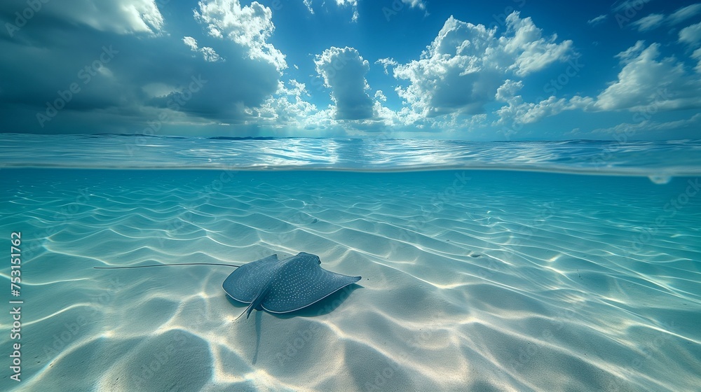 The silent movement of a stingray gliding effortlessly over the sandy ocean floor, a picture of underwater serenity. - obrazy, fototapety, plakaty 