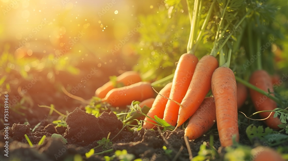 Growing carrot harvest and producing vegetables cultivation. Concept of small eco green business organic farming gardening and healthy food - obrazy, fototapety, plakaty 