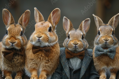 These four rabbits are dressed in tailored suits and bowties, exuding elegance and a playful charm