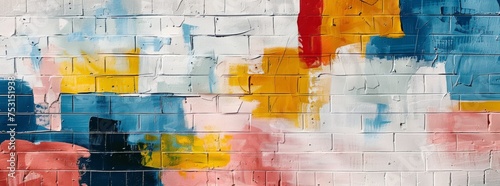 Abstract graffiti art on a white brick wall with spontaneous brush strokes and a pastel color palette.