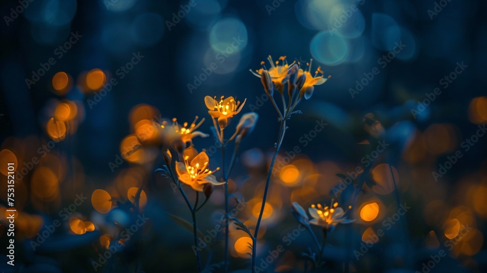 A serene scene of a plant with bioluminescent flowers that mimic the appearance of gentle flames glowing softly in the night A serene scene of a plant with bioluminescent flowers that mimic the appearance of gentle flames glowing softly in the night