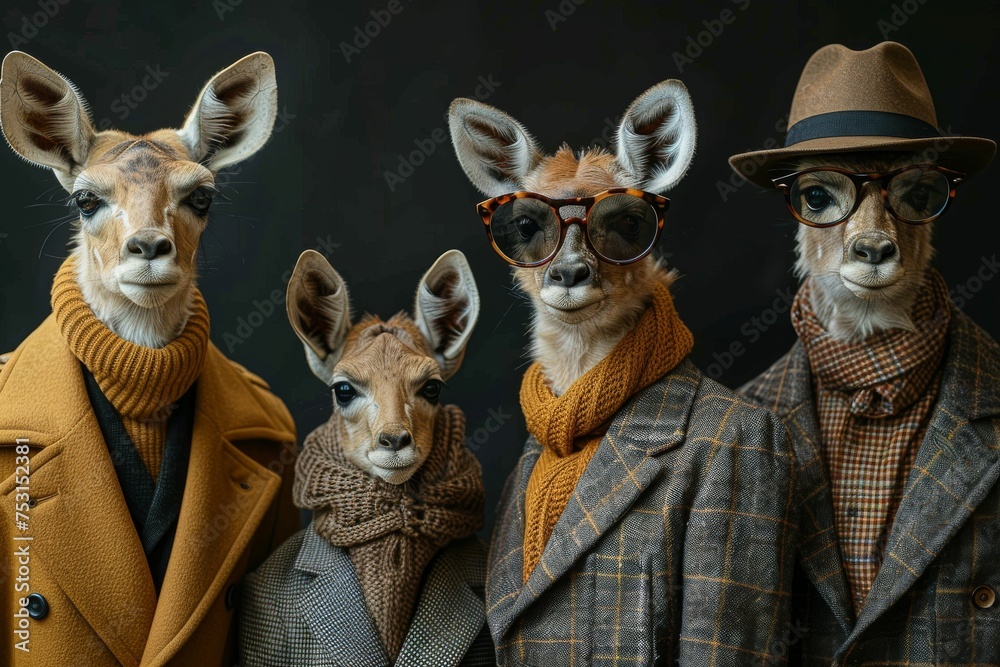 An imaginative portrayal of two sharply dressed giraffes and one with a blurred face, concept of anonymity