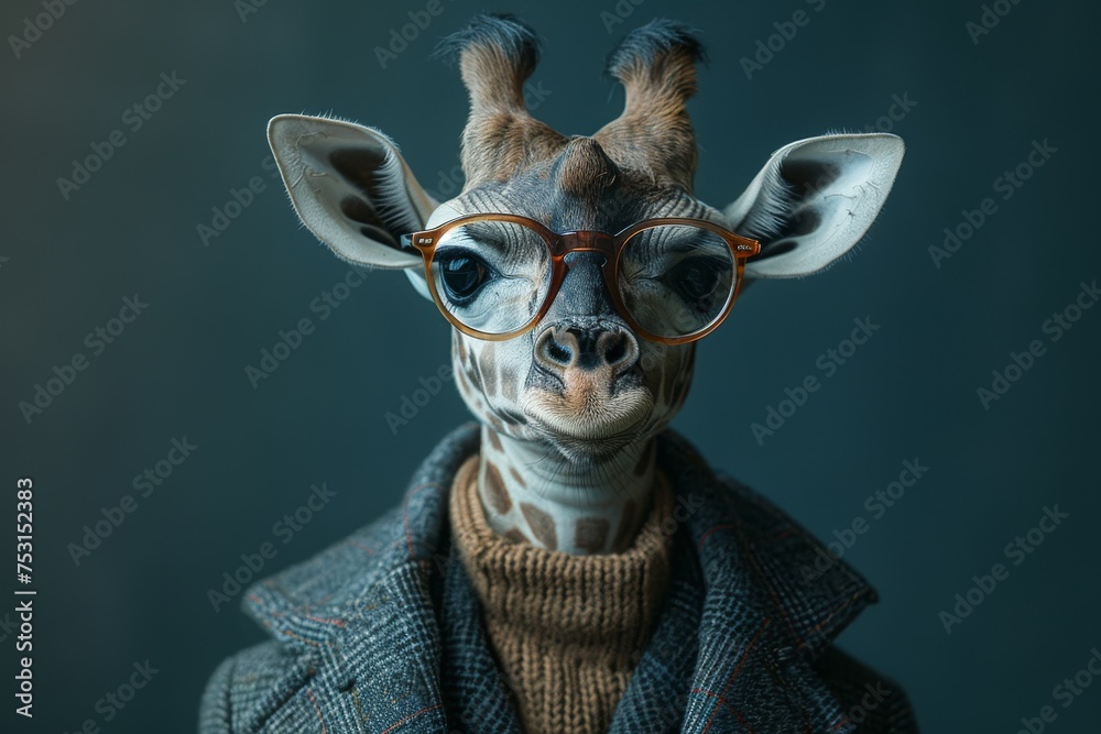 A detailed image of a giraffe with stylish clothing and eyewear, representing intellectualism