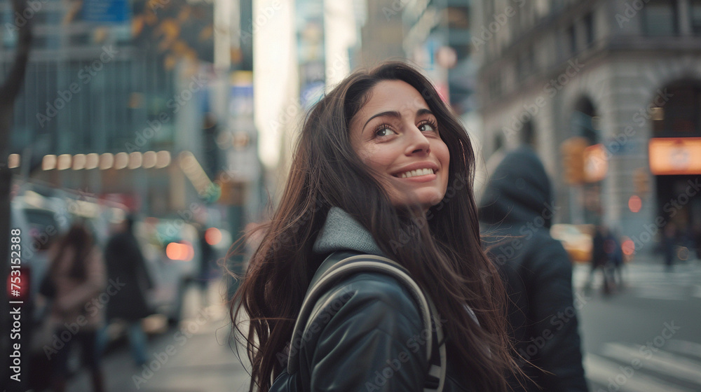 A candid shot of a brunette woman walking through a bustling city street, smiling as she takes in the sights and sounds around her.