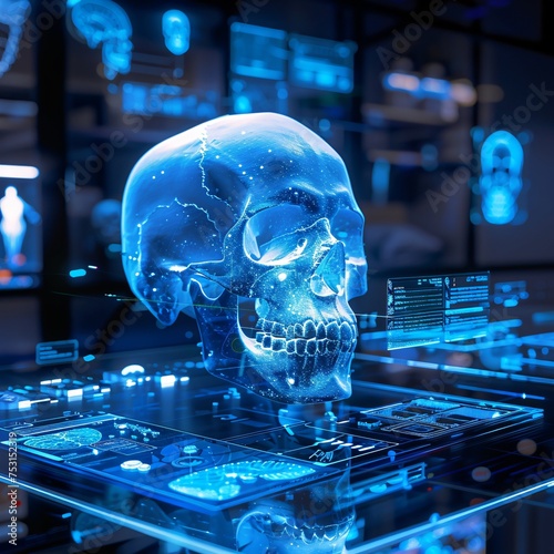A skull bathed in blue light surrounded by floating holographic interfaces depicting advanced forensic analysis technology