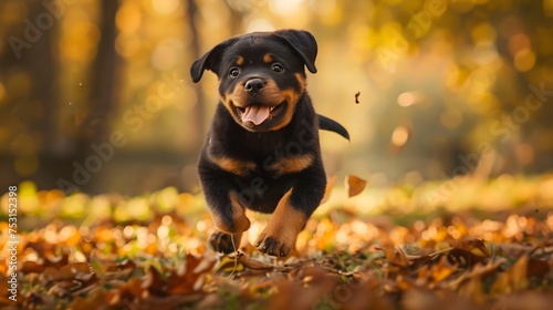 Adorable Rottweiler puppy frolicking outdoors photo