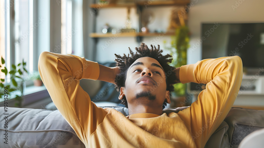 Black boy with afro hair and yellow sweater relaxing on the couch at home Black boy with afro hair and yellow sweater relaxing on the couch at home