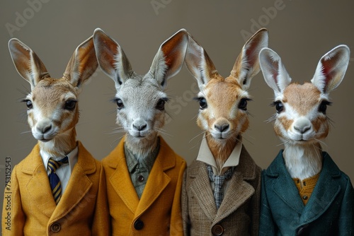 Group of antelopes dressed in stylish business suits, showcasing personality and a play on humanization of animals photo