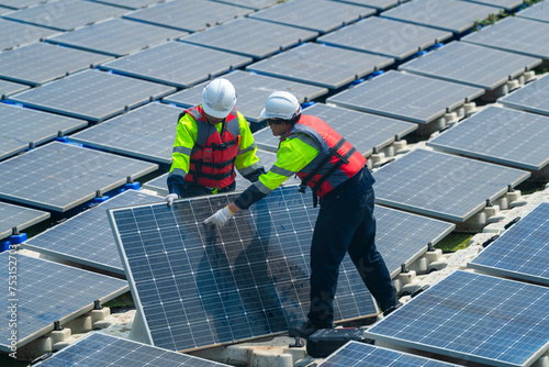 Wallpaper Mural Photovoltaic engineers work on floating photovoltaics. workers Inspect and repair the solar panel equipment floating on water. Engineer working setup Floating solar panels Platform system on the lake. Torontodigital.ca