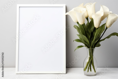 white picture frame white calla flower brightbackground copy space