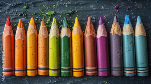 A row of colored pencils with pointed tips on a black background with crumbles of chalk and paint.