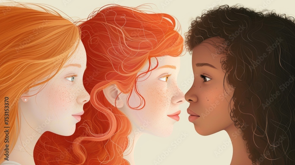 digital illustration showcasing youthful girls faces in close proximity, each featuring unique hair color and style, from curly red to wavy brunette,