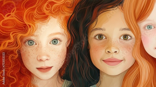 digital illustration showcasing youthful faces in close proximity, each featuring unique hair color and style, from curly red to wavy brunette,