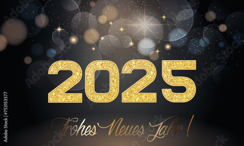 Karte oder Banner, um ein frohes neues Jahr 2025 zu wünschen, in Gold auf schwarzem Hintergrund mit Kreisen mit Bokeh-Effekt und Sternen in mehreren Farben