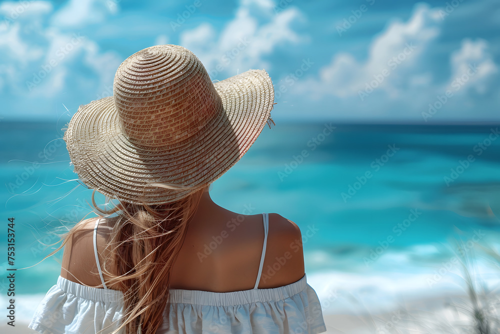 Photo of girl in straw hat looking at the sea. Photo from behind. Time for summer vacation and relaxation.