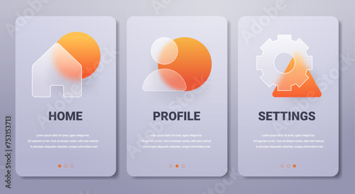 Mobile app pages in glassmorphism style. Vertical profile services and settings banners set.