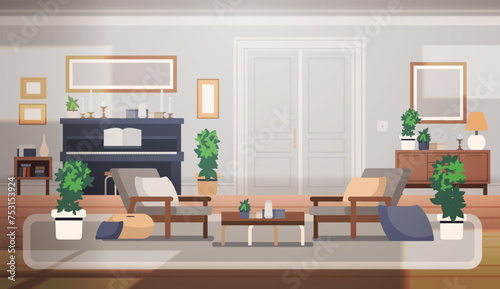 Interior of spacious bright room for relaxing or meeting guests. Flat vector illustration