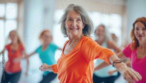 Zumba dance classes with group of elderly seniors in big gym hall. Smiling old woman with grey hair gazing at camera while doing dancing poses with friends ladies. Active retirement and happy people.