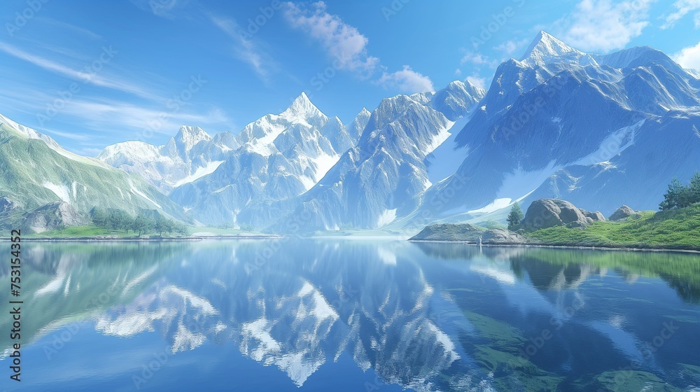 Towering mountain range casting reflections in a pristine lake, embraced by a clear, blue sky.