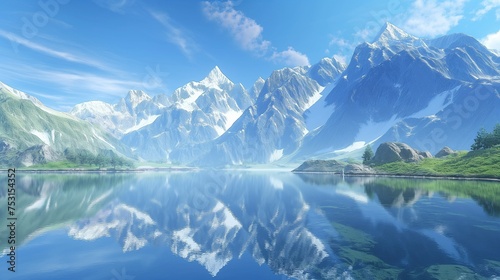 Towering mountain range casting reflections in a pristine lake, embraced by a clear, blue sky.