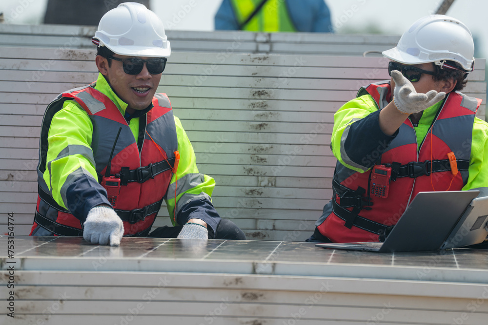 Photovoltaic engineers work on floating photovoltaics. workers Inspect and repair the solar panel equipment floating on water. Engineer working setup Floating solar panels Platform system on the lake. Photovoltaic engineers work on floating photovoltaics. workers Inspect and repair the solar panel equipment floating on water. Engineer working setup Floating solar panels Platform system on the lake.