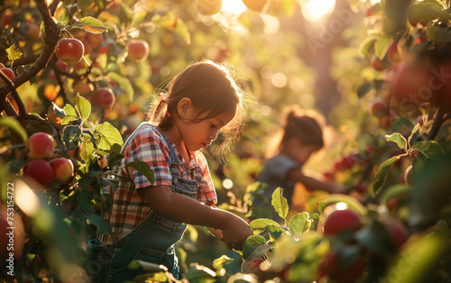 Children in the apple orchard harvesting, child gardening in the rays of the setting sun