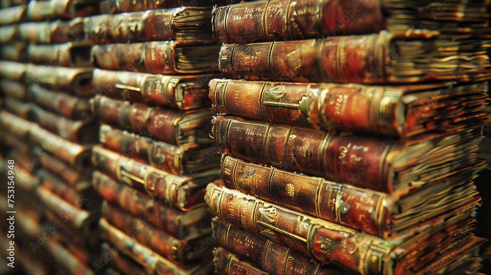 Fototapeta premium In the Silence of Knowledge, Books Stand as Guardians of History, A Symphony of Wisdom Playing in the Halls of Memory