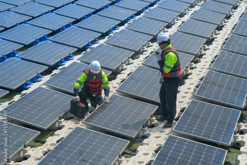 Wallpaper Mural Photovoltaic engineers work on floating photovoltaics. workers Inspect and repair the solar panel equipment floating on water. Engineer working setup Floating solar panels Platform system on the lake. Torontodigital.ca