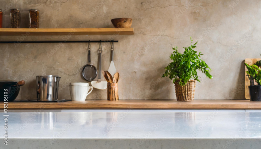 marbel kitchen counter blurry kitchen background; modern kitchen; empty kitchen counter; product display marbel kitchen counter blurry kitchen background; modern kitchen; empty kitchen counter; product display