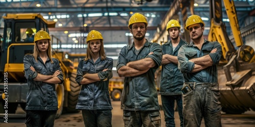 group portrait of construction workers with background of excavation machinery aigx04 photo