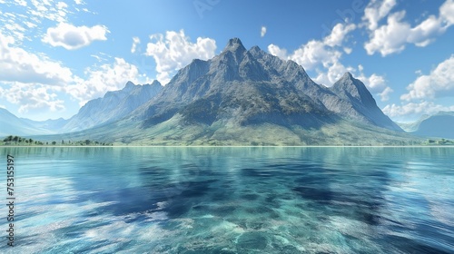 Towering mountain surrounded by pristine water, creating a breathtaking landscape against a clear blue sky.