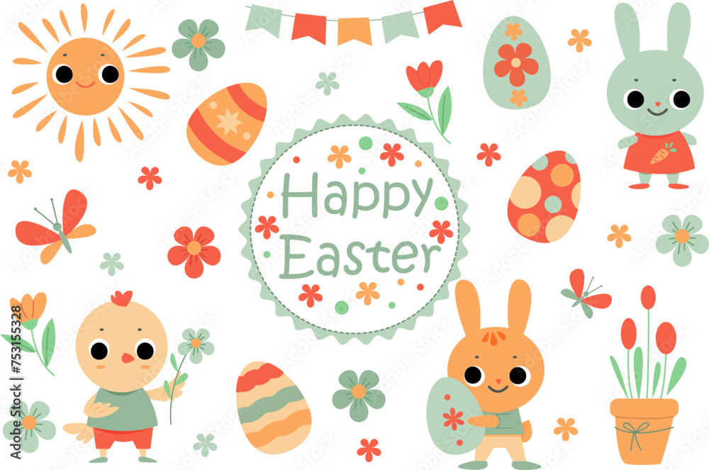Cute Easter vector set with funny animals and flowers Cute Easter vector set with funny animals and flowers