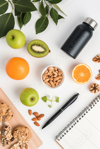 A flat lay of a fitness planner, water bottle, and healthy snack, isolated on a white background, to plan for success in weight loss