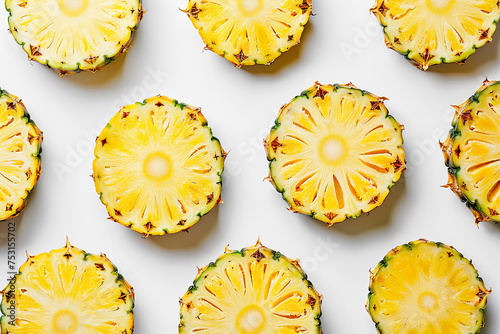 fruit pattern of fresh pineapple slices on white background. Top view