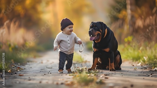 cute little baby and big dog breed Rottweiler for a walk play photo