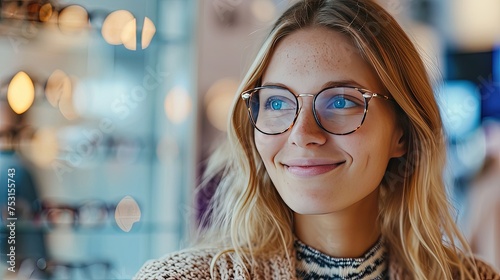  Woman wearing pair of trendy glasses, stylish spectacles and new prescription lenses at an optometrist. Beauty with eyeglasses.